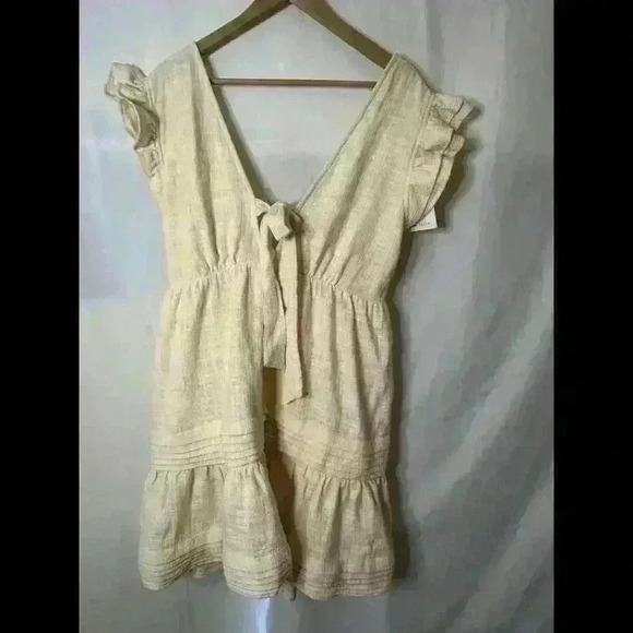 Rue Stiic Anthropologie Linen Ruffle Mini Dress Size L Boho Cream - Picture 4 of 9